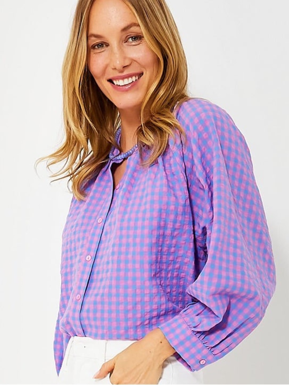 Hyacinth House Tuckernuck Textured Gingham Rosie Blouse in Pink Blue Combo